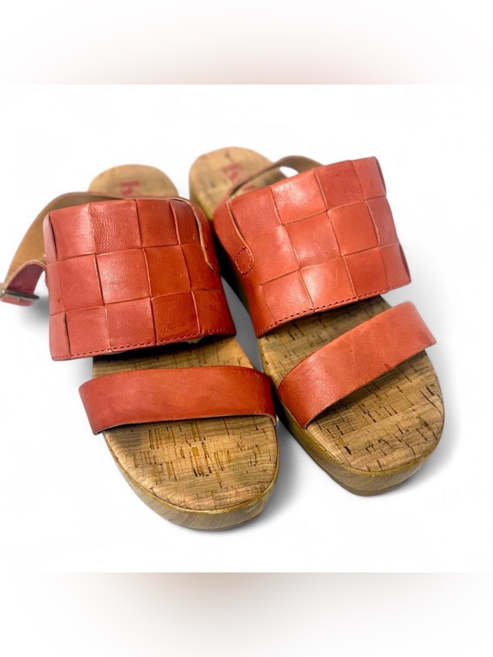 Muted  red/orange leather wedge clog cork midsole platform sandals by Korks.